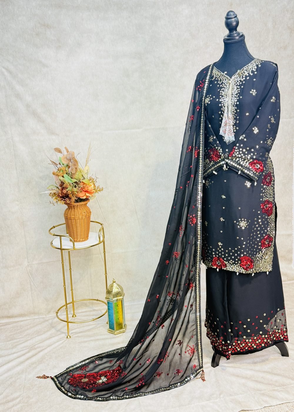 Pakistani Plazo Suit with Sequence Work & Heavy Dupatta